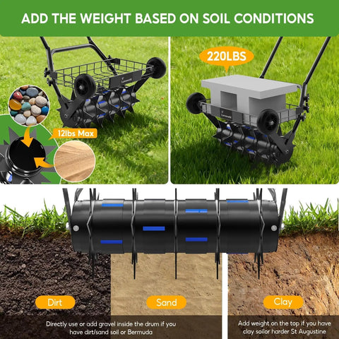 2 In 1 Rolling Lawn Aerator And Roller With Removable Gear Spikes showing soil weight recommendations for lawn care