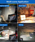 Powerful 100W Rechargeable Work Light With 336 LEDs And 12000mAh Solar Battery shown in various applications like car repair