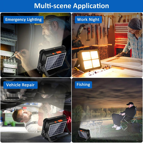 Powerful 100W Rechargeable Work Light With 336 LEDs And 12000mAh Solar Battery shown in various applications like car repair