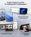 Various setups of 15.6 Inch Laptop Screen Extender With Carry Bag And Cleaning Kit, Full HD 1080P IPS Display shown in use for Mac Android Windows.