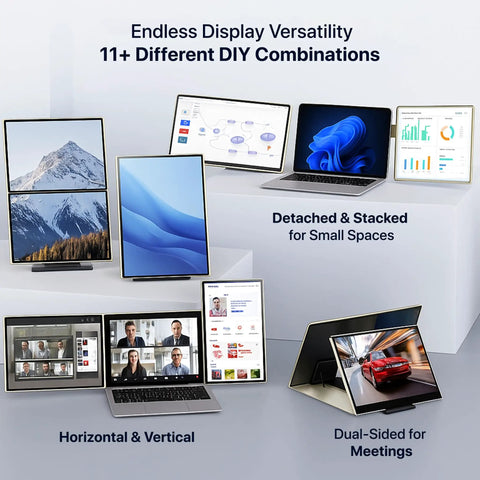 Various setups of 15.6 Inch Laptop Screen Extender With Carry Bag And Cleaning Kit, Full HD 1080P IPS Display shown in use for Mac Android Windows.