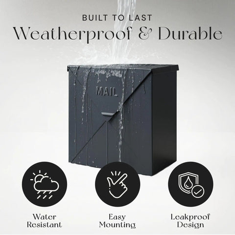 Heavy Duty Outdoor Wall Mount Mailbox 10 By 10 By 4 Inches Black Waterproof Weatherproof Metal Mailbox With Rustproof Galvanized Steel Construction Triple Leakproof Hinges And Wraparound Lid Chicago Style shown under water test, illustrating weatherproof and durable features.