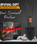 Foldable 18 Inch Survival Shovel With Saw Edge, military grade carbon steel, with carry case and packaging on display