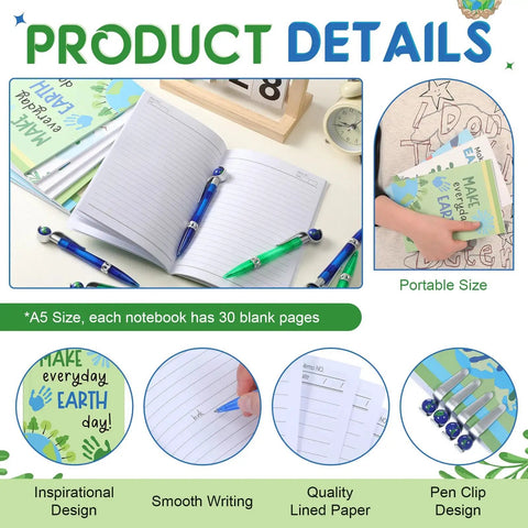 Earth Day Gift Bundle With Nine A5 Notebooks And Nine Globe Pens In Blue And Green, eco-friendly classroom swag details