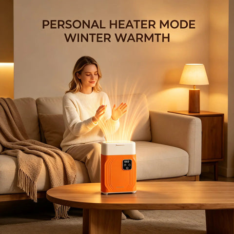Woman warming hands with All In One Portable Clothes And Shoe Dryer With Hot Air Heater Mini Compact Electric Dryer in living room.