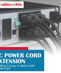 Beefy 15ft Heavy Duty AC Power Cord 14AWG NEMA 5-15P To C13 For PCs And Electronics, Built Tough For Secure Power Connection, Durable Cable With High Current Safety, Multi-Device Compatibility. 14AWG IEC C13 power cords connected to equipment