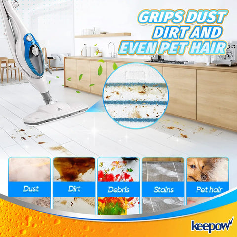 Steam mop cleaning kitchen floor with dirt, dust, and pet hair; Replacement Steam Mop Pads 8 Pack For PurSteam ThermaPro 10 In 1 And ThermaPro 211 Steam Cleaner Multi Surface Floor Cleaner Reusable Pads For All Major Steam Mops.