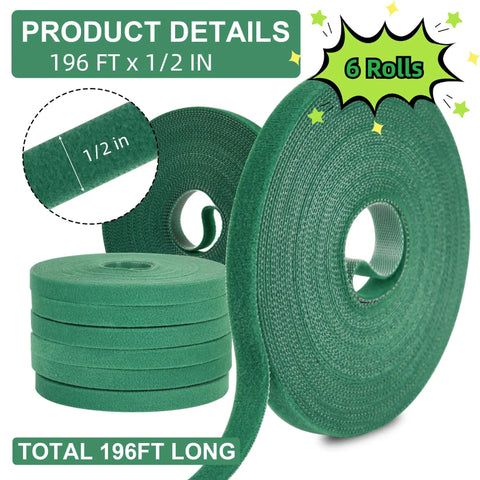 Reusable Green Plant Tape For Climbing Plants, 6 Rolls, 196 Ft Total, Adjustable Soft Garden Ties, Eco Friendly, 1/2 inch wide