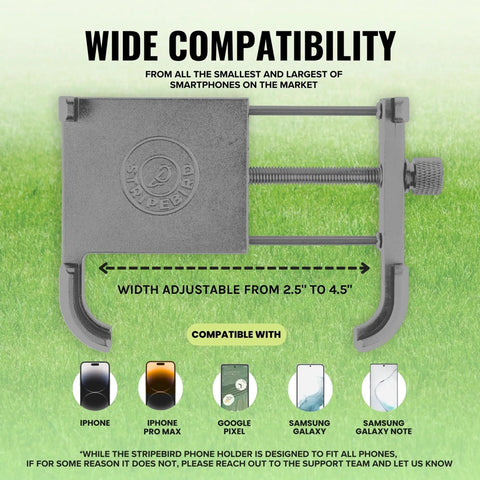 Magnetic Golf Cart Phone Holder showing adjustable width from 2.5 to 4.5 inches for iPhone and Samsung, graphite slim mount.