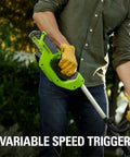 Person holding 40V Cordless String Trimmer With 12 Inch Cutting Path And Auto Feed Head Lightweight Weed Eater For Your Lawn And Yard A Real Workhorse Battery And Charger Not Included Model BST4000