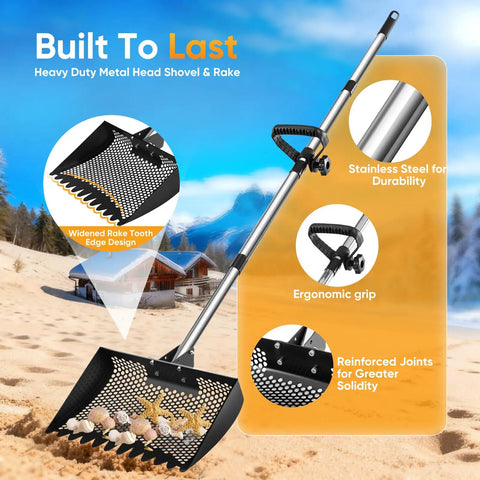 Heavy Duty 12 Inch 2-In-1 Chicken Poop Scooper And Rake with ergonomic grip, adjustable angle, stainless steel on a sandy background