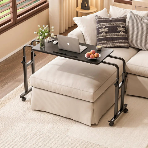 Overbed Laptop Desk With Wheels, Adjustable Height And Length Bed Tray Cart For Hospital Or Home Use beside a beige couch