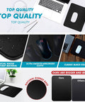 11 X 8.7 Inch Mouse Pad With Stitched Edges And Non Slip Base, shown in black with computer setup, highlighting smooth cloth surface.