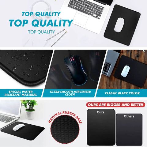 11 X 8.7 Inch Mouse Pad With Stitched Edges And Non Slip Base, shown in black with computer setup, highlighting smooth cloth surface.