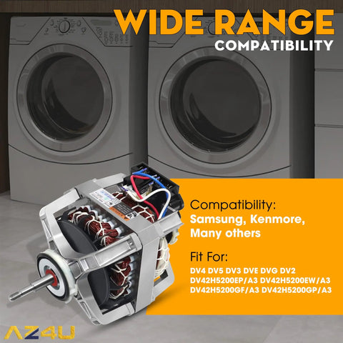 Samsung Compatible Dryer Motor Replacement DFS270ZSEL1 Induction Motor with washers in background showing wide compatibility.