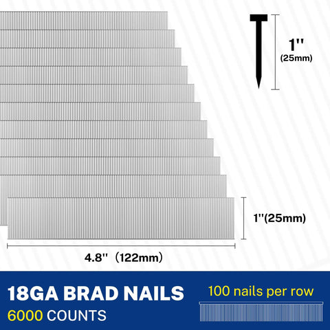 Heavy Duty 1 Inch 18 Gauge Brad Nails 6000 Count Zinc Plated Rust Resistant Steel For Trim And Woodworking profile and dimensions