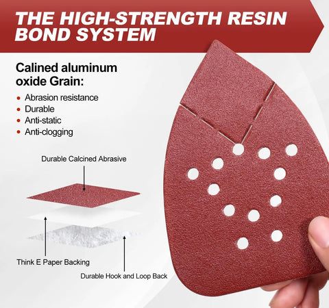 Mouse Detail Sander Sandpaper Pack For DIYers 50 Pcs Assorted Grits 60 80 120 150 220 135 Mm By 95 Mm 12 Hole Open Coat Aluminum Oxide Pads showcasing high-strength resin bond system with calined aluminum oxide grain.
