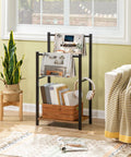 Freestanding Towel Rack And Blanket Holder for bathroom, two tier drying and display shelf in rustic brown and black finish.