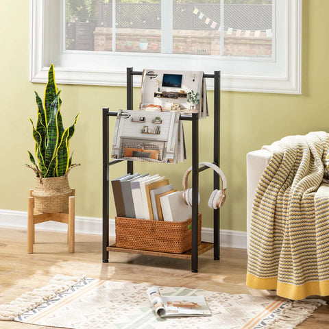 Freestanding Towel Rack And Blanket Holder for bathroom, two tier drying and display shelf in rustic brown and black finish.