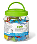 Container of Neighborhood Wheels Math Counters For Kids With Super Cool Vehicle Designs, 72 colorful sorting pieces for preschool learning.