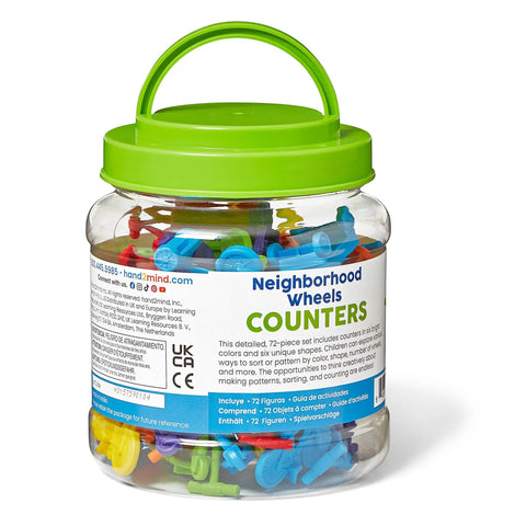 Container of Neighborhood Wheels Math Counters For Kids With Super Cool Vehicle Designs, 72 colorful sorting pieces for preschool learning.