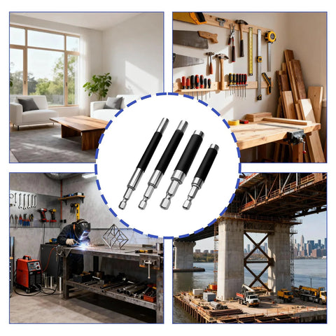 MCSDFN four-piece magnetic drill bit holder set with telescopic sleeves; black handles, silver tips, sizes 3.1/4.7/5.5