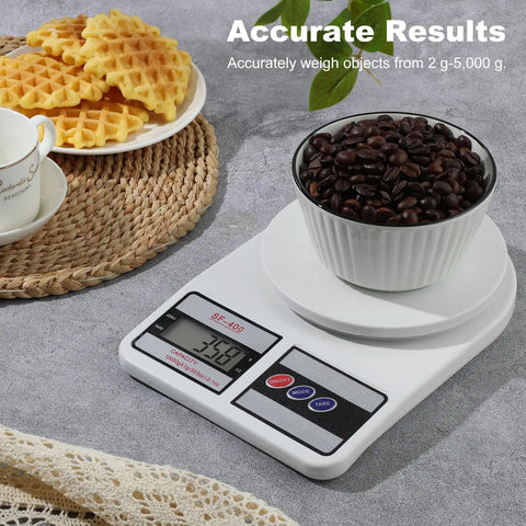 Digital Kitchen Scale With 10Kg Capacity, Stainless Steel Platform, Tare Function, Switch Between Oz And G Units, Replaceable Battery Power, Your Go To Tool For Meal Prep, Cooking And Baking, White Finish showing coffee beans on scale.