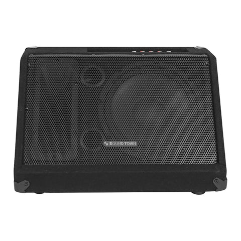 Powered 10 Inch 300W DJ PA Stage Monitor With 1 Inch Titanium Compression Driver onstage, front view.