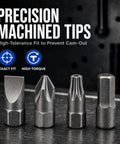 Precision machined tips of Heavy Duty 4 In 1 Hex Phillips Slotted Security Torx Long Screwdriver Bits Set With Magnetic 16 Piece, S2 steel.