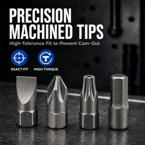 Precision machined tips of Heavy Duty 4 In 1 Hex Phillips Slotted Security Torx Long Screwdriver Bits Set With Magnetic 16 Piece, S2 steel.