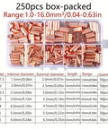 Premium Wire Ferrules Kit 250Pcs, 7 Size Non Insulated Copper Crimp Connectors with case and size chart visible