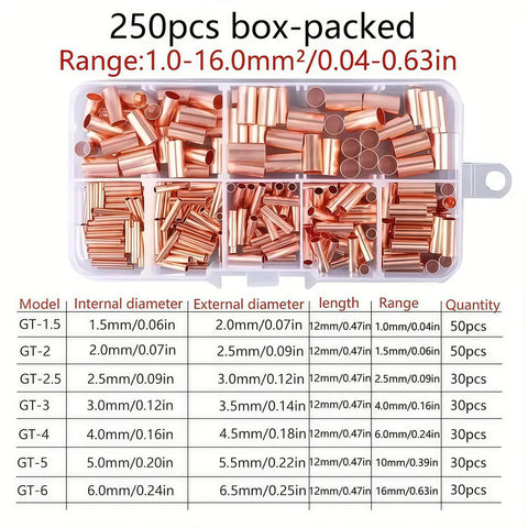 Premium Wire Ferrules Kit 250Pcs, 7 Size Non Insulated Copper Crimp Connectors with case and size chart visible
