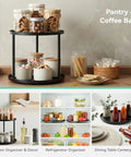 9 Inch Rotating Lazy Susan Organizer Two Tier Metal Spice Rack For Tabletop Pantry Bathroom Vanity Storage Black Rust Resistant Metal Construction Smooth Finish Sturdy Steel Frame Easy Glide Rotation on pantry counter with jars