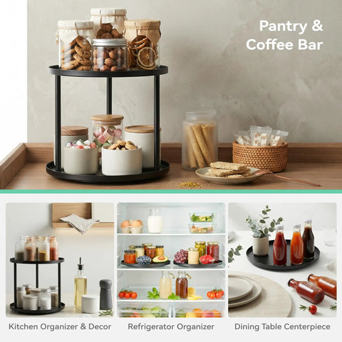 9 Inch Rotating Lazy Susan Organizer Two Tier Metal Spice Rack For Tabletop Pantry Bathroom Vanity Storage Black Rust Resistant Metal Construction Smooth Finish Sturdy Steel Frame Easy Glide Rotation on pantry counter with jars