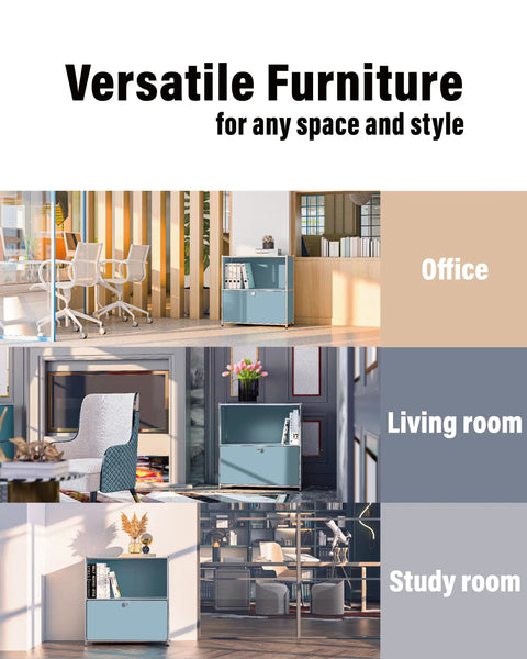 32.5 Inch Flip Top Side Table With Detachable Wheels And Large Storage, Buffet Cabinet, Corner Bookshelf, Wall Shelf, Cube Organizer And Bedside Table For Modern Home Decor In Blue shown in office, living room, and study room settings.