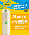 Eight Inch By Twenty Five Foot Vacuum Sealer Rolls Four Pack Totaling One Hundred Feet Fits Inside Most Machines Works With FoodSaver BPA Free Thirty Three Percent Thicker Beefy Thick Sous Vide No Fuss Commercial Grade packaging with product features highlighted.
