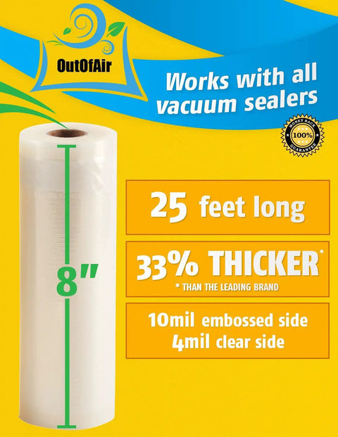 Eight Inch By Twenty Five Foot Vacuum Sealer Rolls Four Pack Totaling One Hundred Feet Fits Inside Most Machines Works With FoodSaver BPA Free Thirty Three Percent Thicker Beefy Thick Sous Vide No Fuss Commercial Grade packaging with product features highlighted.