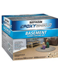 EpoxyShield Basement Floor Coating Kit 120 Fl Oz Satin Tan box with product details and room transformation image