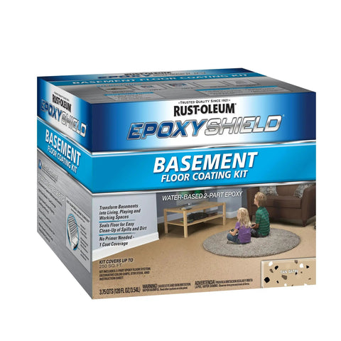 EpoxyShield Basement Floor Coating Kit 120 Fl Oz Satin Tan box with product details and room transformation image