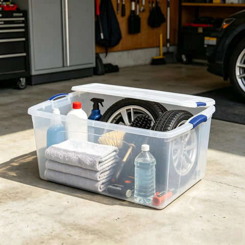 Ginormous 105 Quart Clear Storage Bin With Blue Secure Latch Heavy Duty Plastic Tote For Bulky Seasonal Gear And Bedding Keeps Your Space Spiffy And Makes Organization A Breeze filled with cleaning supplies and towels.