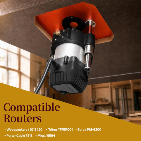 Heavy Duty Router Table Lift System For 4 2 Inch Router Motors With Solid Aluminum Base Plate showing compatible router mounted.