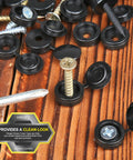 Heavy Duty Black Plastic Hinged Screw Cap Covers For 6 And 8 Hardware 150 Pack displayed with screws on wooden surface.