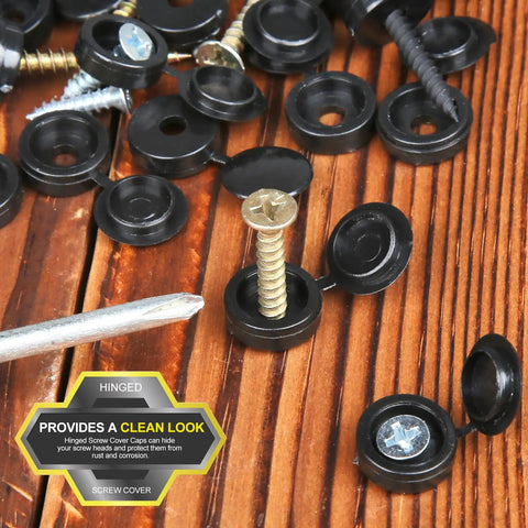 Heavy Duty Black Plastic Hinged Screw Cap Covers For 6 And 8 Hardware 150 Pack displayed with screws on wooden surface.