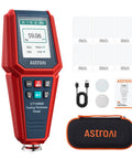 Paint Thickness Gauge With Automatic Detection And 0.01μm Resolution For Ferrous And Nonferrous Coatings On Metal Surfaces, Wide Coating Compatibility, Fast Digital Readout, Durable Handy Tool For Pros. red digital coating thickness gauge with display, cable, probes, manual, and case
