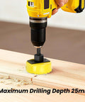 Cordless yellow drill with black chuck drilling wood using a hole saw attachment and guide base.