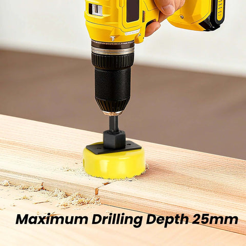 Cordless yellow drill with black chuck drilling wood using a hole saw attachment and guide base.