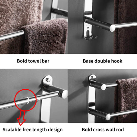 Freely Retractable Stainless Steel 304 Towel Rack Two Layer 20 To 30 Inch with hooks and extendable bars close-up details.