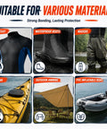 Image displaying various materials suitable for 120 Gram Flexible Wetsuit Repair Adhesive Wader Patch Kit including wetsuit, waterproof boots, and kayak.