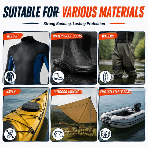 Image displaying various materials suitable for 120 Gram Flexible Wetsuit Repair Adhesive Wader Patch Kit including wetsuit, waterproof boots, and kayak.