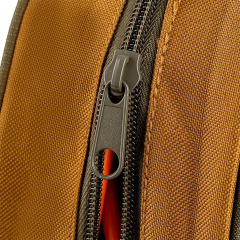 Close-up of the zipper on the Cable Bag For Trucks And Rigs, Truck And Rig Ready Organizer That Fits With Spare Wheel, brown fabric detail.